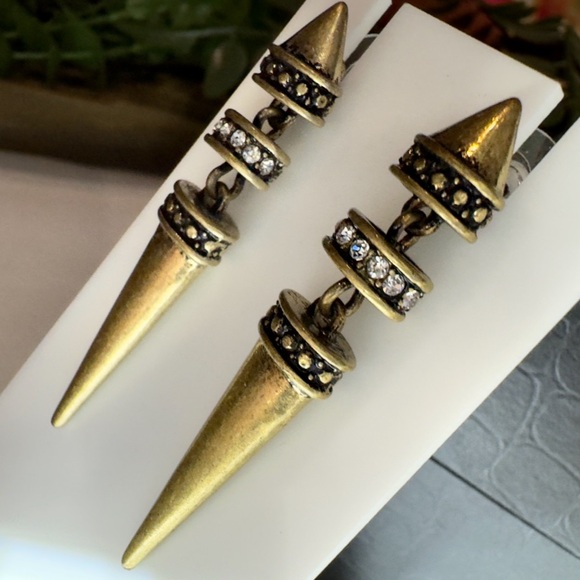 Antique Gold Spike Drop Statement Earrings. Post stud Dangle. Unique & Fun! - Picture 6 of 8